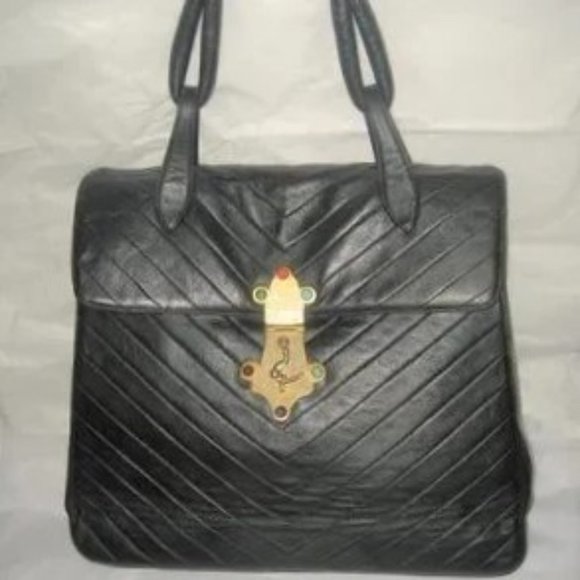 ❤️ HARRY ROSENFELD XL Black Soft Quilted V Leather Cabachon Top Handle Bag - Picture 2 of 15